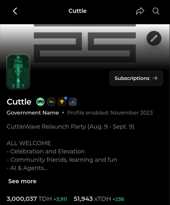 The image shows a social media profile for "Cuttle" (a Government Name) featuring 3,000,037 TDH (+3,911) and 51,943 xTDH (+236), with a post about the "CuttleWave Relaunch Party" running August 9 - September 9. The accompanying text celebrates crossing the 3 million TDH milestone, directly matching the TDH figure displayed in the profile's balance.