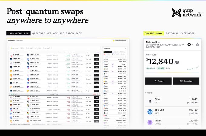 A promotional graphic for Quip Network advertising "Post-quantum swaps anywhere to anywhere" with screenshots of their web app and vault interface.