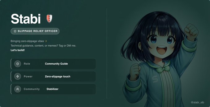 A digital character profile card for 'Stabi' styled as a 'Slippage Relief Officer' community guide, featuring an anime-style girl in teal and listing her role, power, and community.