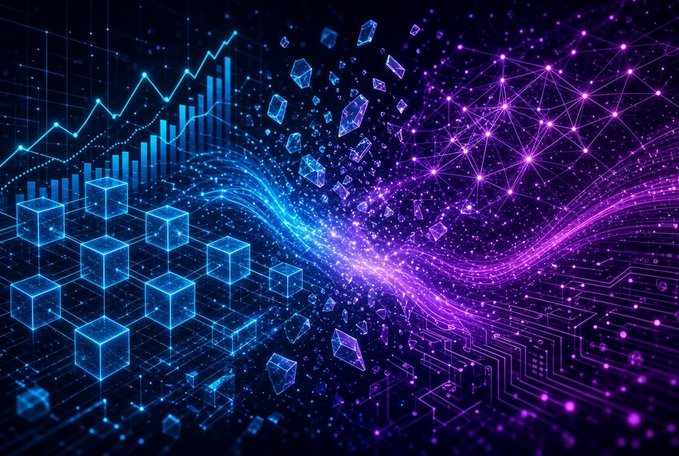 A digital abstract artwork features glowing blue cubes and bar charts on the left transitioning into a purple network of connected nodes and circuit board patterns on the right.