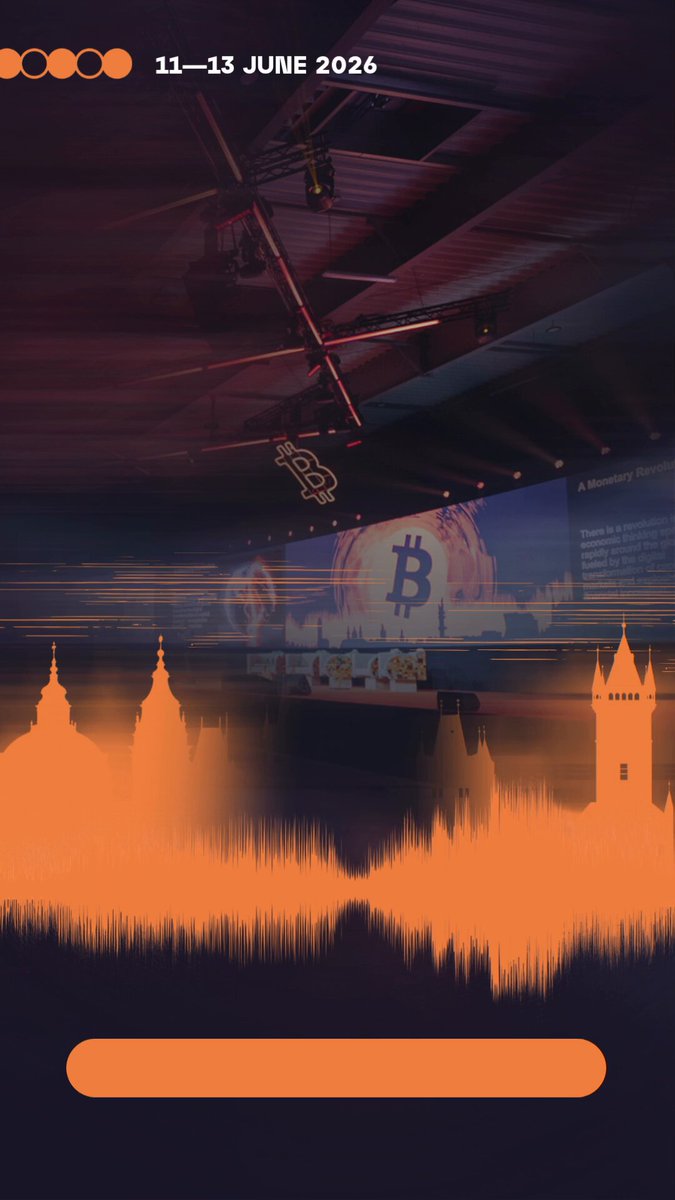 The image features an orange logo with white text that reads "Gm gm! @BTCPrague is just around the corner, and I can'T wait to learn, exchange ideas, and hear more about the future of Bitcoin!". The background of the image shows a city skyline at night.