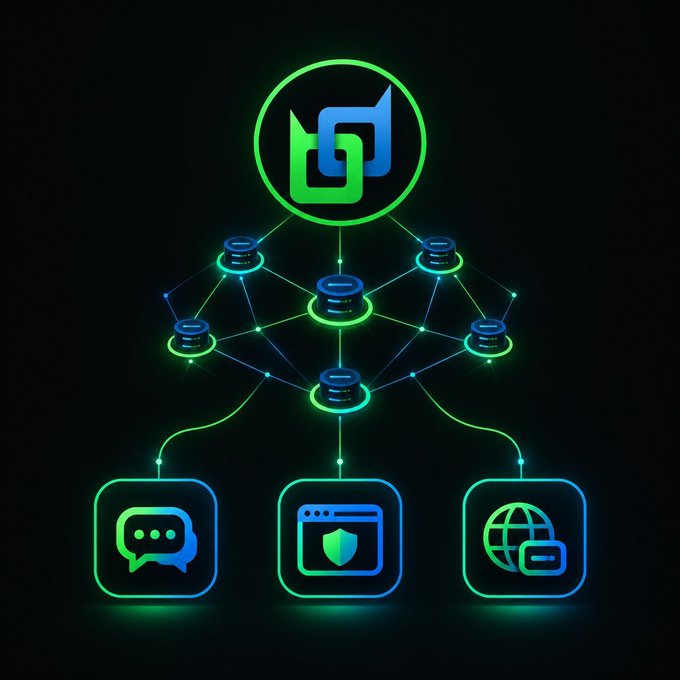 A glowing neon-style digital illustration on a black background shows a network of green and blue interconnected nodes and database icons, with a central logo and three app icons (chat, security, and web) at the bottom.