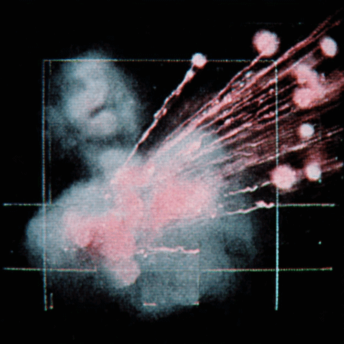A grainy, distorted digital image featuring a faint figure overlaid with geometric lines, scattered pink orbs, and streaks of light against a dark background.