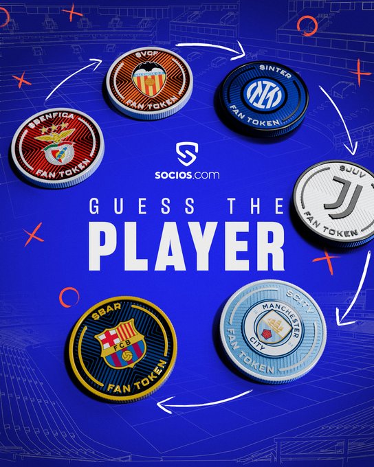 A promotional graphic from Socios.com features a "GUESS THE PLAYER" challenge, surrounded by Fan Token coins for football clubs including Valencia, Inter, Benfica, Juventus, Barcelona, and Manchester City. The image pairs with the caption inviting football fans to identify a mystery player connected to these top European clubs.