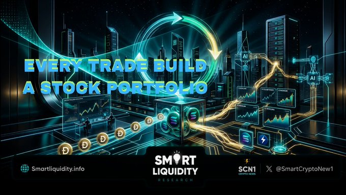 The image is a futuristic, neon-lit promotional graphic featuring the headline "EVERY TRADE BUILD A STOCK PORTFOLIO" in glowing blue text, with stylized cityscapes, charts, AI-themed icons, and a stream of golden coin-like tokens flowing into a central cube, visually representing the automated process of converting trading fees into tokenized stocks. It aligns with the accompanying post about @MyDivvyApp by illustrating how each trade contributes to building an on-chain stock portfolio for holders, with additional branding for Smart Liquidity (SCN1) and @SmartCryptoNews1 displayed along the bottom.