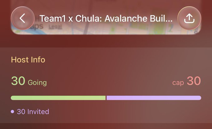 A mobile app interface showing an event titled 'Team1 x Chula: Avalanche Bull...' with '30 Going' and 'cap 30', indicating the event has reached its maximum capacity.