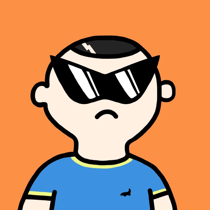 A cartoon drawing of a person with a frowning mouth, wearing large black sunglasses and a blue shirt, against a solid orange background.