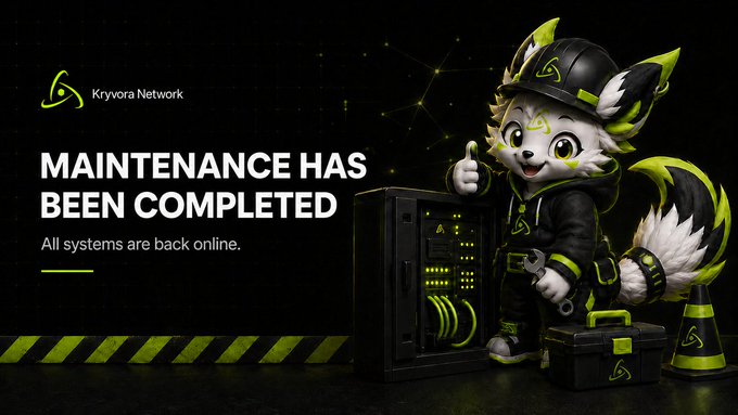 A promotional graphic from Kryvora Network announces "MAINTENANCE HAS BEEN COMPLETED" with the subtitle "All systems are back online," featuring the company's green triskelion mascot giving a thumbs-up beside a server rack and toolbox, visually reinforcing the successful completion of their L1 re-sync maintenance.