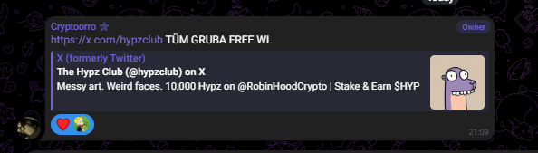 Telegram message from "Cryptooor" sharing an invite link to "The Hypz Club" (@hypzclub) on X, describing it as featuring "Messy art. Weird faces. 10,000 Hypz on @RobinHoodCrypto | Stake & Earn $HYP."