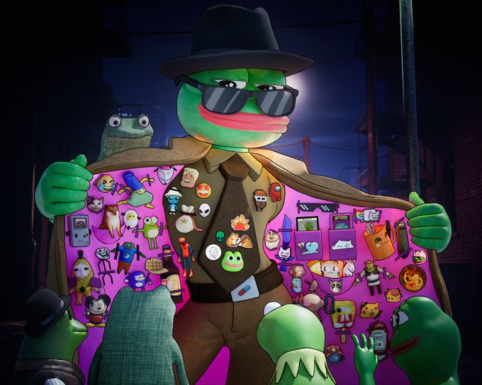 A green frog character wearing a fedora and sunglasses reveals a pink-lined trench coat filled with numerous NFT collectible characters, embodying the "Trust Us" meme by showcasing a diverse array of unique digital assets ready to be explored.