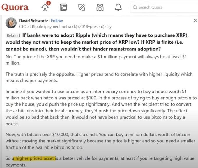 Quora answer by David Schwartz, CTO at Ripple, arguing that a higher-priced asset like XRP is a better vehicle for high-value payments due to better liquidity and less market slippage.
