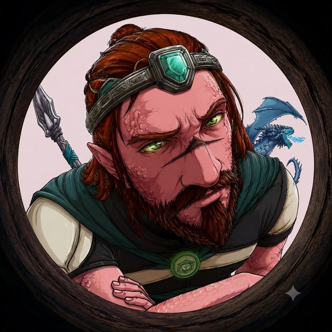 A digital illustration of a rugged fantasy character with red hair, green eyes, and a green gem headpiece, shown peering through a circular opening with a blue dragon visible in the background.