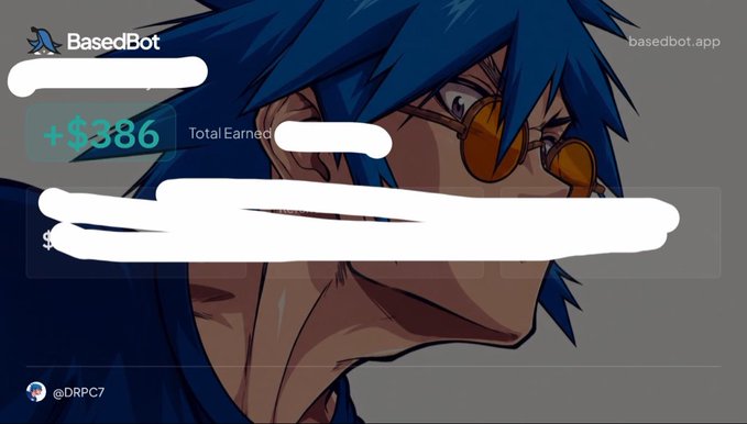 The image shows a BasedBot interface displaying a +$386 earnings figure against an anime-style character background, illustrating the post's instructions on how to use the BasedBot on Telegram to bridge ETH from Base to Ink.