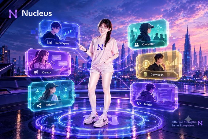 A promotional graphic for 'Nucleus' featuring a young woman at the center surrounded by holographic panels showing user roles: DeFi Expert, Connector, Creator, Conviction, Referrals, and Builder.