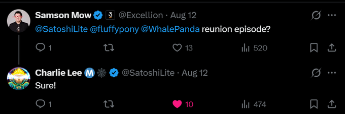 A tweet from Samson Mow (@Excellion) tags @SatoshiLite, @fluffypony, and @WhalePanda asking "reunion episode?", with Charlie Lee (@SatoshiLite) responding "Sure!" The exchange, with 520 views on the original post and 13 likes, suggests excitement about a potential reunion episode of a show, aligning with the post's enthusiasm that "dis needs to happen."