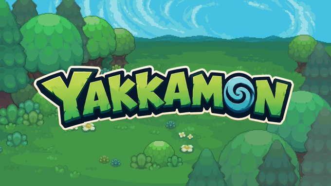 The image displays the colorful logo "YAKKAMON" featuring a swirl design in the "O," set against a vibrant pixel-art landscape with green trees, grass, and flowers. The playful branding visually supports the post's announcement of an official X account for the Yakkamon project, encouraging followers to engage with the authentic channel for updates.