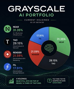 An infographic titled "Grayscale AI Portfolio Current Holdings" (as of 08/04/26) displays a pie chart breaking down four assets: NEAR at 31.35%, TAO at 29.15%, RENDER at 21.59%, and FIL at 17.91%, with notes that NEAR holds nearly a third of the fund and offers bullish sleeping potential. The visual directly supports the post's portfolio update by illustrating the exact percentage allocation of each AI asset in Grayscale's holdings.