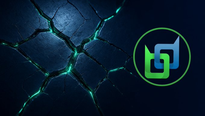 A dark blue cracked surface with glowing teal cracks, featuring a circular logo with green and blue interlocking shapes on the right side.