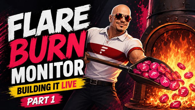 A promotional thumbnail for 'Flare Burn Monitor - Building It Live - Part 1' featuring an illustrated man with sunglasses scooping Flare tokens into a furnace.