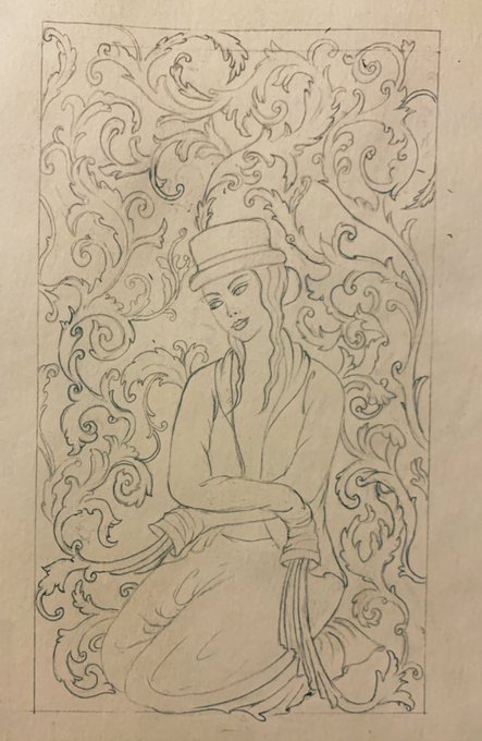 A pencil sketch of a seated woman wearing a hat, framed by ornate floral and scrollwork designs.