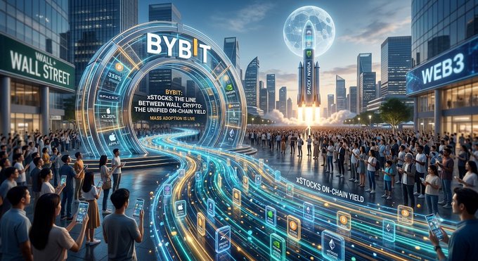 A futuristic cityscape blends Wall Street and Web3, featuring a glowing "BYBIT" portal surrounded by crowds with a rocket launch in the background and signs reading "STOCKS ON-CHAIN YIELD" and "WEB3," visually promoting Bybit's new "xStocks" platform that bridges traditional stocks like SpaceX, Apple, and Nvidia with crypto through tokenized shares.