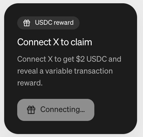A dark interface card displays a "USDC reward" badge with the prompt "Connect X to claim" — offering $2 USDC plus a variable transaction reward — and a "Connecting..." button. It illustrates the Moonpay/PayBox airdrop step of linking an X account to receive USDC, matching the post's note that the X connection feature is active again on PayBox.