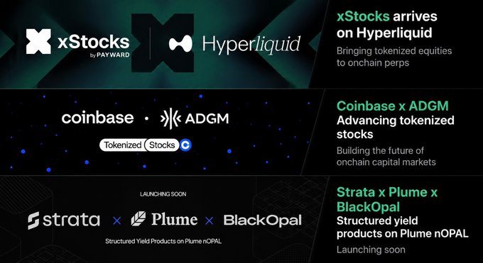 A promotional graphic announcing partnerships including 'xStocks arrives on Hyperliquid,' 'Coinbase x ADGM' for tokenized stocks, and 'Strata x Plume x BlackOpal' launching soon.