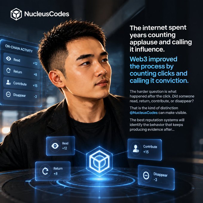 A promotional graphic for NucleusCodes featuring a man in a dark jacket, with text stating 'The internet spent years counting applause and calling it influence. Web3 improved the process by counting clicks and calling it conviction,' alongside a dashboard showing on-chain activity metrics (Read +12, Return +8, Contribute +15, Disappear -3).
