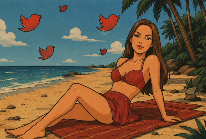 A stylized illustration shows a woman in a red bikini and sarong reclining on a red beach towel along a tropical shoreline, with Twitter/X logos depicted as birds flying in the blue sky above.

The image visually echoes the post's message by replacing the usual seagulls with Twitter/X logos, suggesting that the "collection" the speaker refers to is a portfolio of contrarian stock picks or social media commentary—patiently gathered and proudly displayed despite the crowd's disapproval.