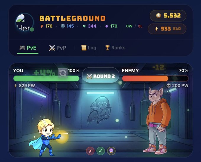 The image shows a cartoon character, possibly a superhero or a video game character, standing in front of a blue wall with a scoreboard displaying two different game modes: "Battleground" and "Enemy". The character appears to be engaged in an intense battle within this virtual arena. The caption for the image reads: "Have you check the Arena section in @SVictorUniverse website? Play and earn Bits. PvE and PvP both modes available."