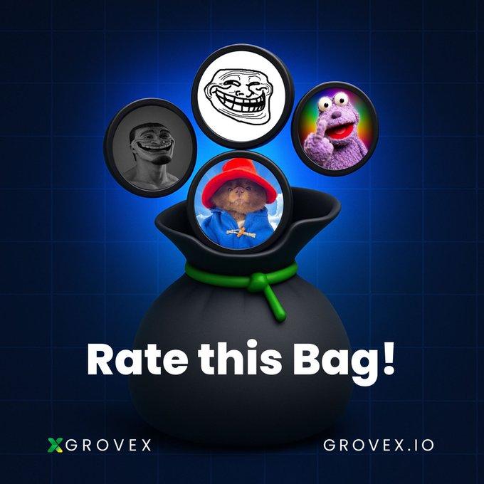 The image features a black bag with a cartoon character inside, which appears to be a cat wearing a hat. The bag has a green ribbon tied around it. Below the bag, there are four different images of the same cartoon character, each with a unique expression or pose. The text in the image reads "Rate this bag! Groovex.io".