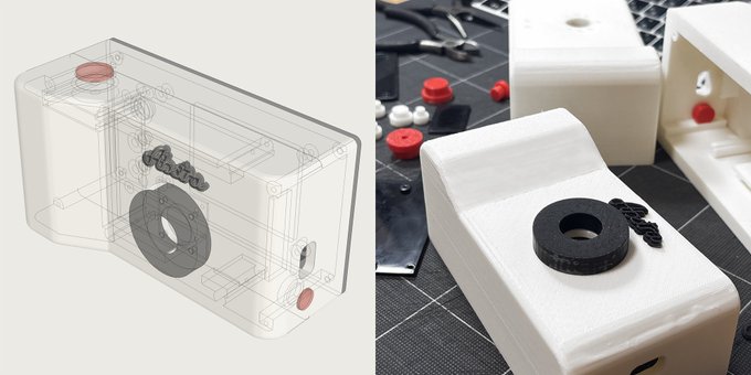 A digital 3D rendering on the left shows a transparent view of a device labeled "Abstra," with visible internal components including buttons and a circular dial, while the right side displays its physical prototype—a 3D-printed white enclosure featuring matching red buttons and a black dial, alongside tools and additional parts on a work surface. The side-by-side comparison illustrates the creative process behind the "Abstra" project, reflecting the maker's playful, toy-like approach to bringing the design from concept to tangible reality.