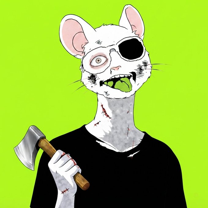 A zombie-like white rat with a black eyepatch, stitched wounds, and a gaping green-toothed mouth holds a bloody axe against a neon green background, embodying the edgy "Mutant Rat Club" NFT aesthetic referenced in the post.