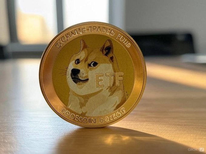 In the image, there's a gold coin featuring a dogecoin design, placed on a wooden table or countertop near a window. It looks as if someone has decided to use this coin for Dogecoins ETFs. The text on the coin reads "Dogecoin ETFs", which is likely related to the Dogecoin coins that have experienced significant net inflows in the past year, totaling $2.15 million. This positive trend indicates that the coins are doing well and attracting investors' interest in this particular cryptocurrency project or the crypto market as a whole during that period.