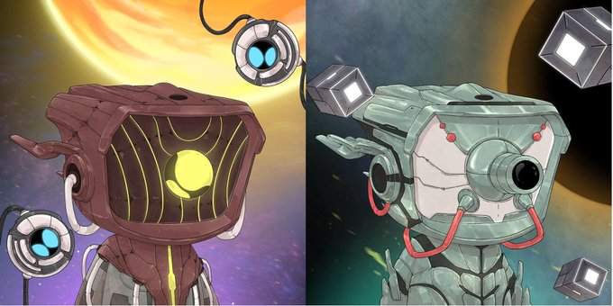 Two stylized sci-fi characters with boxy, screen-like heads stand against colorful space backdrops, accompanied by small floating spherical and geometric robots.