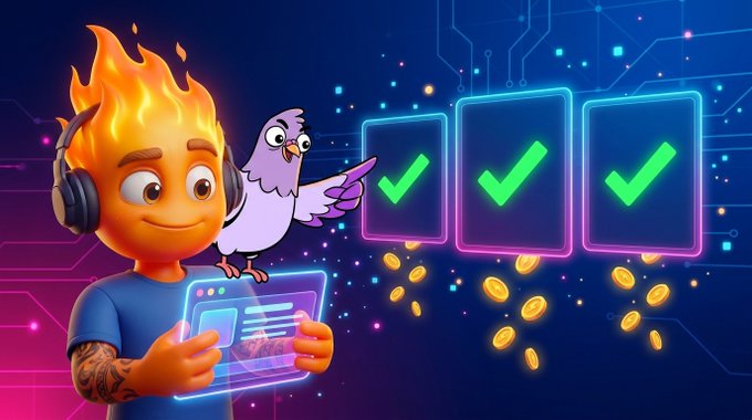 A cartoon illustration of a fire-headed character wearing headphones with a pigeon on their shoulder, displaying three green checkmarks in neon-outlined boxes alongside gold coins.