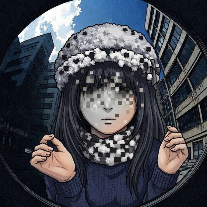A manga-style illustration depicts a girl with long black hair wearing a fuzzy black and white checkered hat and matching scarf, with her face partially obscured by digital pixelation, set against an urban backdrop viewed through a circular frame.
