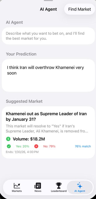 Screenshot of an AI Agent prediction interface where a user predicts 'I think Iran will overthrow Khamenei very soon,' with a suggested market about 'Khamenei out as Supreme Leader of Iran by January 31' showing 20% Yes and 79% No.
