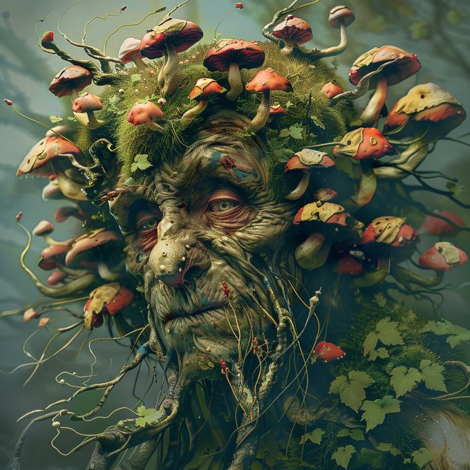 A fantasy digital artwork depicting a face composed of twisted roots and wood, surrounded by vibrant mushrooms growing from its head.