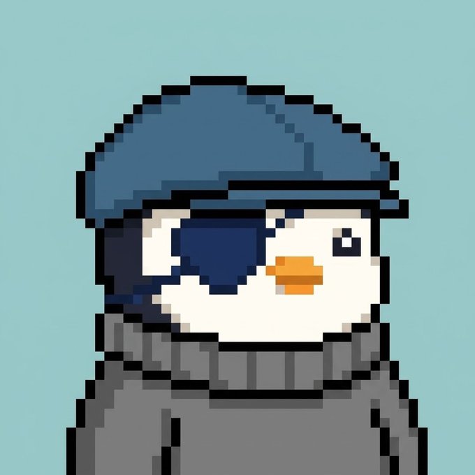 A pixel art avatar of a penguin-like character wearing a blue baseball cap, pixelated sunglasses, and a grey turtleneck sweater.