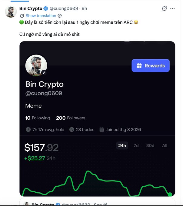 A tweet from 'Bin Crypto (@cuong0609)' shows a Polymarket profile titled 'Meme' with $157.92 (+$25.27 24h) and jokes 'Đây là số tiền còn lại sau 1 ngày chơi meme trên ARC' (This is the money left after 1 day playing memes on ARC).