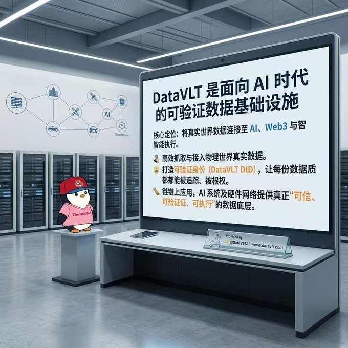 An illustration showing a DataVLT presentation slide in Chinese about verifiable data infrastructure for the AI era, displayed in a server room with a penguin mascot figure beside it.