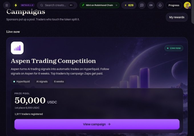 Dark-themed “Campaigns” webpage from BETAVO showing the live “Aspen Trading Competition,” a “50,000 USDC” prize pool, “1,977 traders registered,” and a purple “View campaign” button.