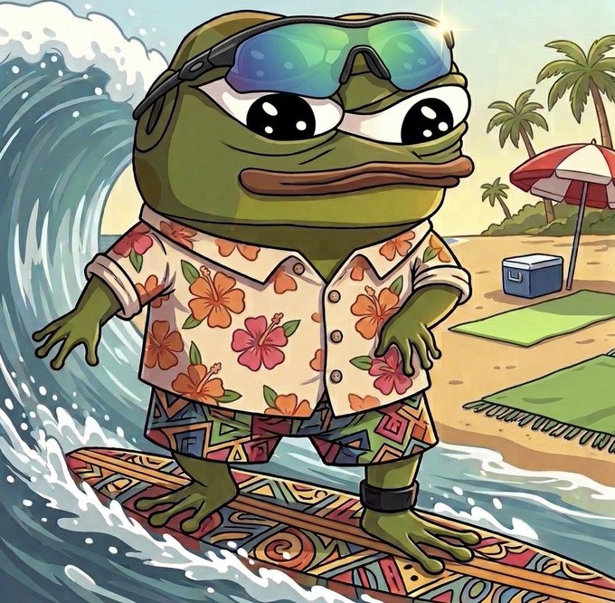 Cartoon illustration of a frog wearing reflective sunglasses and a colorful Hawaiian shirt, surfing on a patterned surfboard with a beach scene and crashing wave in the background.