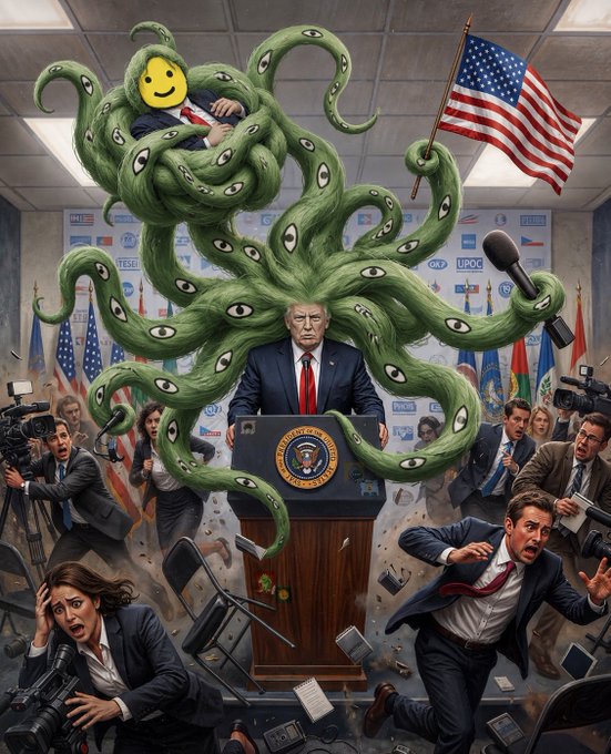 A surreal political illustration depicting Donald Trump at a presidential podium, surrounded by journalists, while a large green tentacled creature with eyes and a smiley face rises behind him holding an American flag.