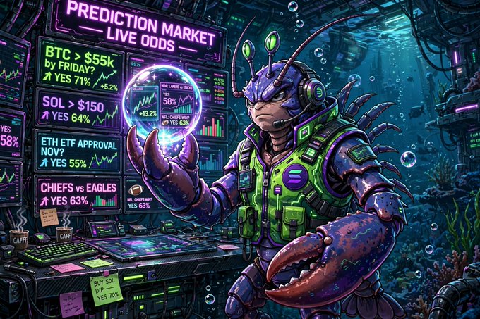 A colorful digital artwork of a crab-like alien trader holding a crystal ball in an underwater prediction market setting, with screens displaying odds for BTC > $55K, SOL > $150, ETH ETF approval, and CHIEFS vs EAGLES.