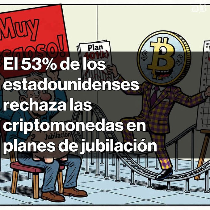 Spanish-headline cartoon illustration stating 'El 53% de los estadounidenses rechaza las criptomonedas en planes de jubilación' with a businessman holding a protest sign and a Bitcoin character on a financial chart roller coaster.
