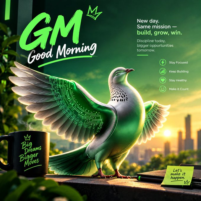 A motivational 'GM Good Morning' graphic featuring a green pigeon with circuit-board wings, a coffee mug reading 'Big Dreams Bigger Moves,' and text: 'New day. Same mission — build, grow, win.'