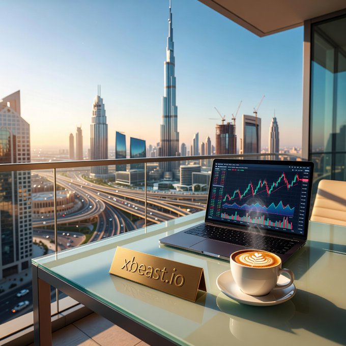 A workspace on a balcony overlooking the Dubai skyline featuring the Burj Khalifa, with a laptop displaying stock trading charts, a cup of coffee, and a gold nameplate reading 'xbeast.io'.
