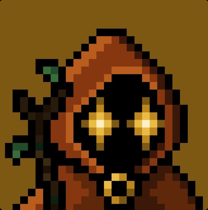 A pixel art character with a dark hood, glowing yellow cross-shaped eyes, and orange/brown tones set against a solid brown background.